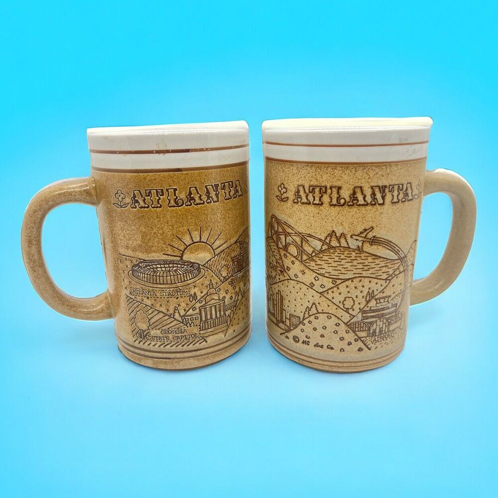 Vintage Atlanta MC Art Co. Collector Tall Mug Japan Ceramic Tan - Set Of 2